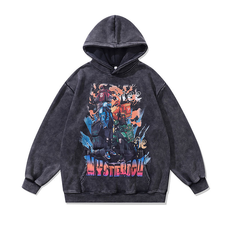 Men Hoodie Vintage Fleece-Lined Thickened Hooded Sweatshirt Washed Old Hoodie
