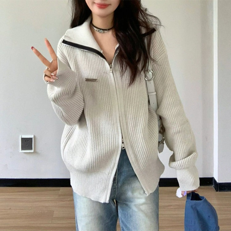 Women Knitted Cardigan Autumn and Winter Loose Sweater Jacket Long-Sleeved Top
