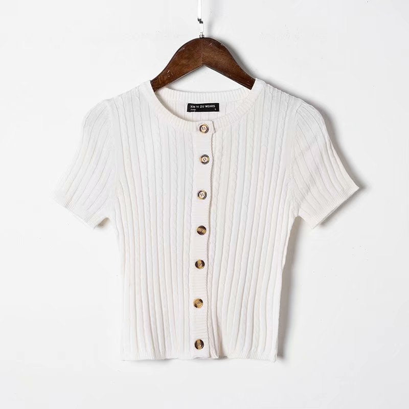 Women Sweater Knitwear Spring/Summer Slim Fit Small round Neck Single-Breasted Knitted Short-Sleeved Cardigan Jacket