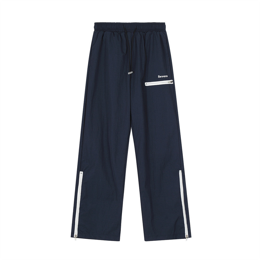 Men Sweatpants Zipper Slit Straight Casual Trousers Breathable Sports Wide-Leg Pants