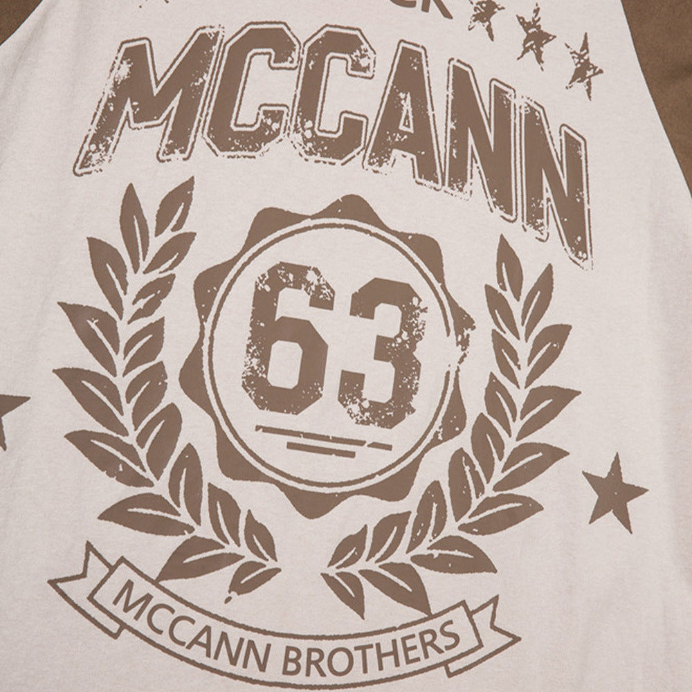 Men Long Sleeve T-shirt Retro Patchwork Trendy Loose Letter Printing