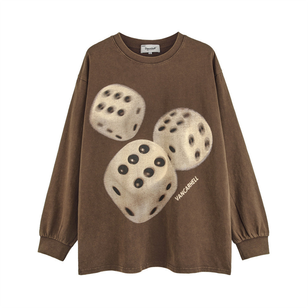 Men Long Sleeve T-Shirt Dice Printing Worn Looking Washed-out