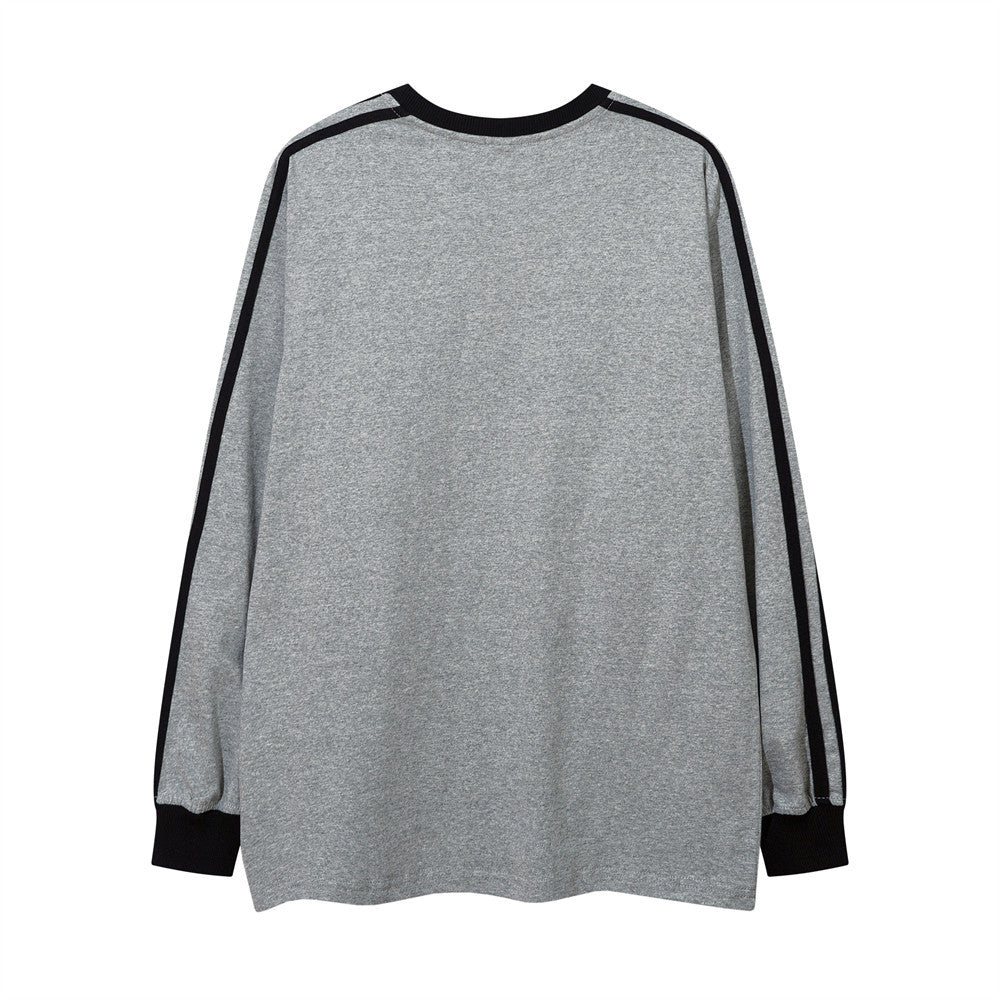 Men Long Sleeve T-shirt Patchwork Stripes Embroidery Loose Sports