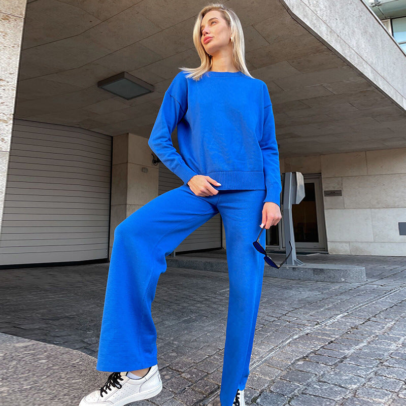 Women Work Business Casual Sweats Knitted Thin Casual Top Two-Piece Pants