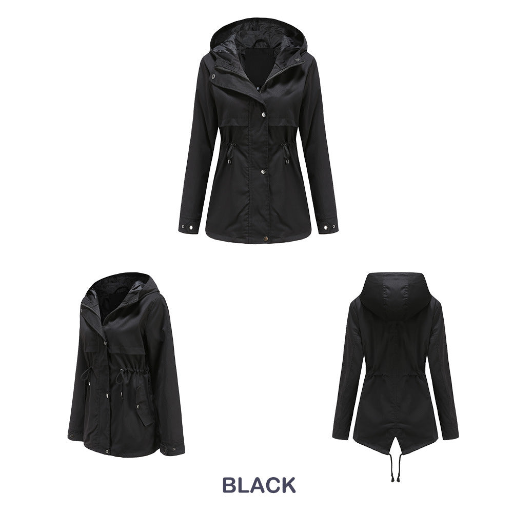 Women Trench Coat Mid-Length Hooded Jacket Long-Sleeved Raincoat