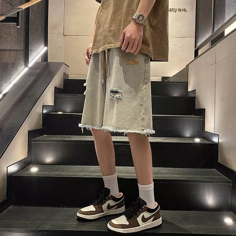 Men Jeans Ripped Denim Shorts Men's Summer Loose Straight Casual Pants