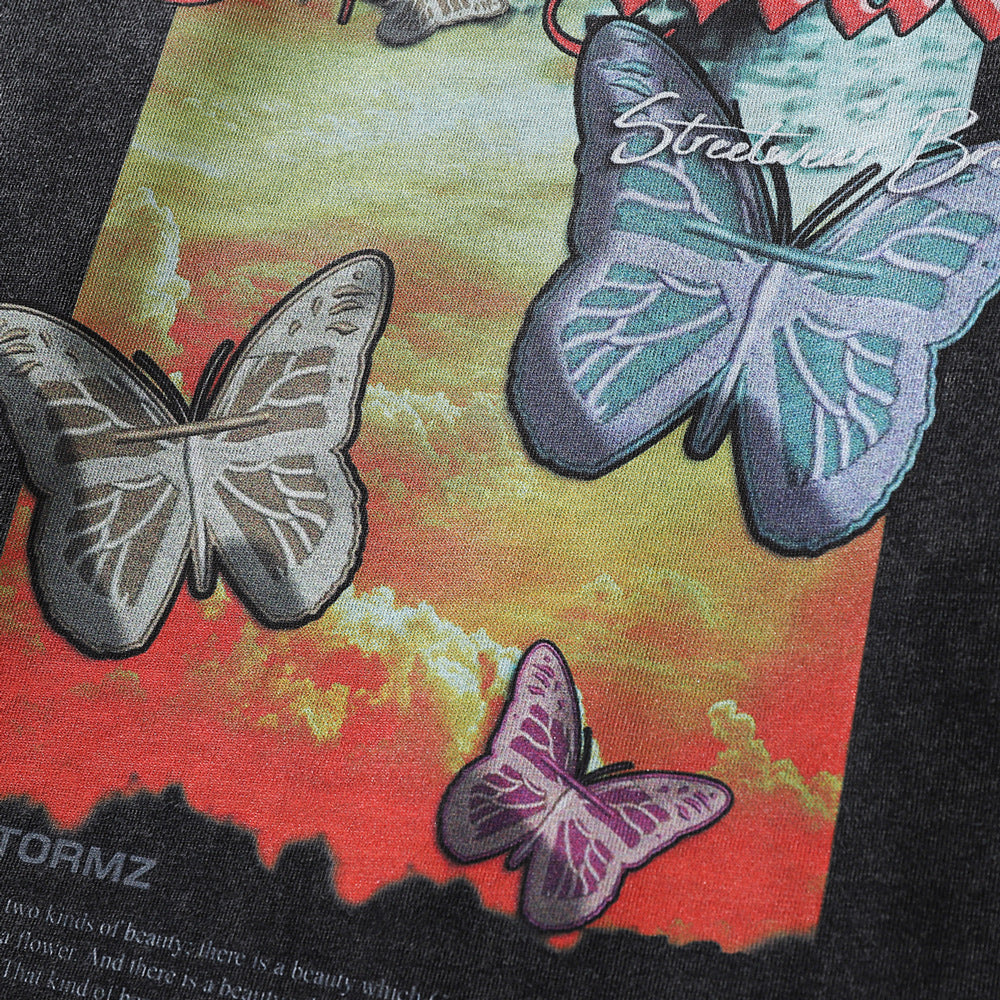 Men Long Sleeve T-Shirt Sunset Butterfly Landscape Pattern Distressed