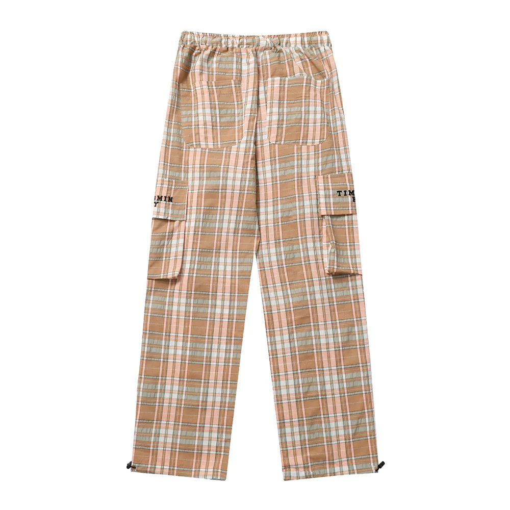 Men Sweatpants Plaid Casual Trousers Multi-Pocket Workwear Straight-Leg Pants