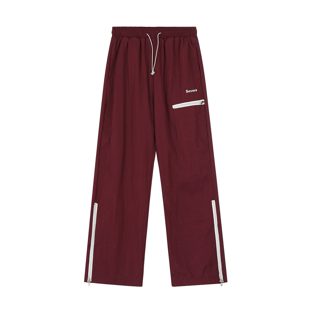 Men Sweatpants Zipper Slit Straight Casual Trousers Breathable Sports Wide-Leg Pants