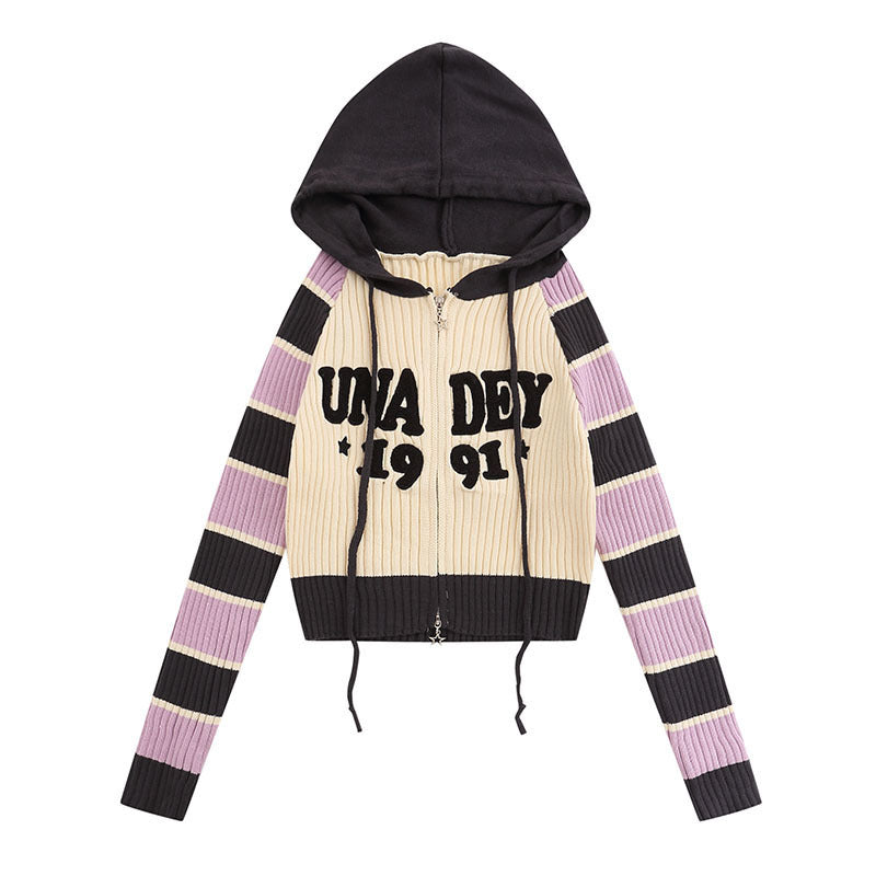 Women Sweater Retro College Style Hooded Slim Fit Knitwear Cardigan Sweater