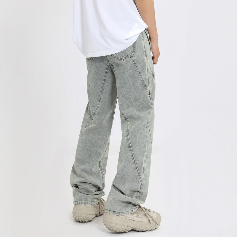Men Jeans Straight-Leg Denim Trousers Washed and Worn Jeans