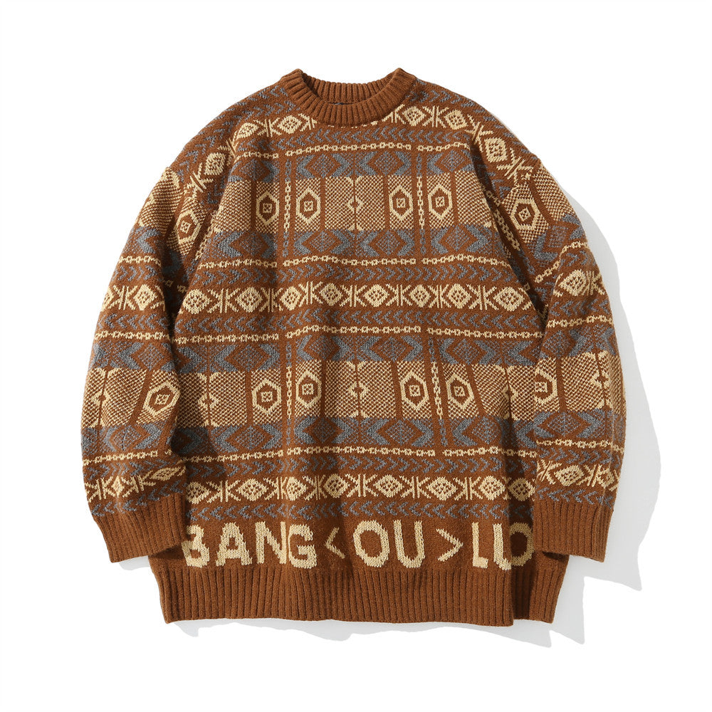 Men Sweater Striped round Neck Sweater Retro Loose Sweater