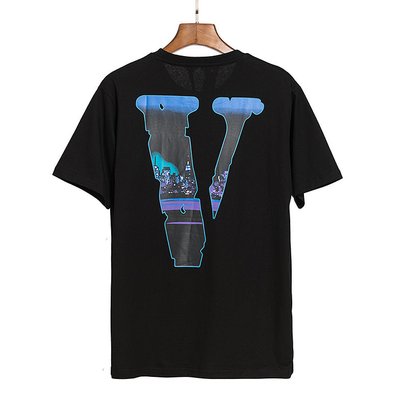Vlone T Shirts V-Shaped Female Somke Printed Short Sleeve T-shirt Men and Women Hip Hop Couple Half Sleeve