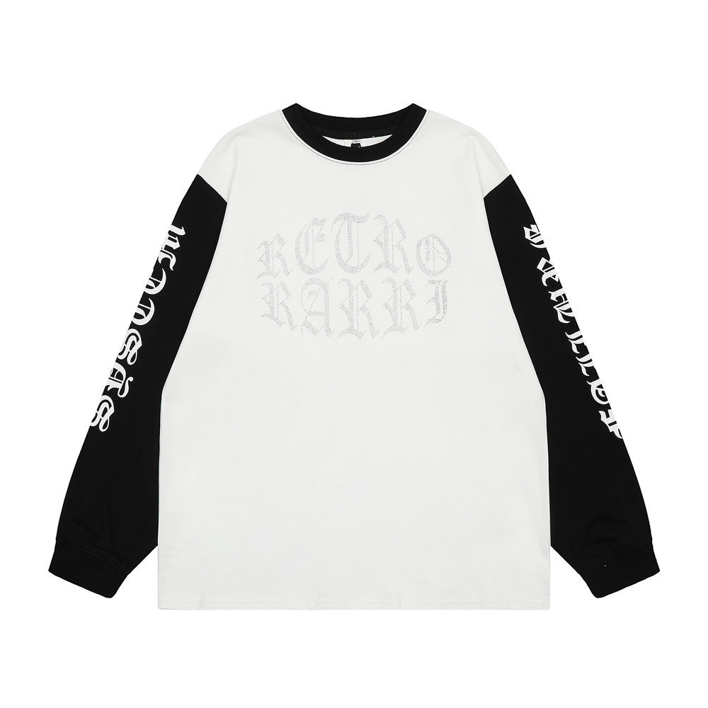 Men Long Sleeve T-Shirt Rhinestone Printing Loose Casual