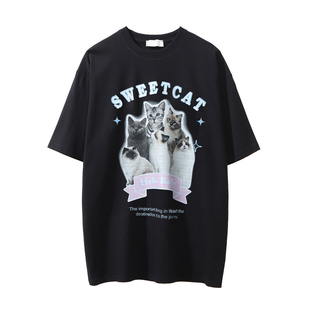 Men Vintage T-Shirt Printed Distressed Washed Short-Sleeved T-shirt Men's Summer Casual Loose round Neck