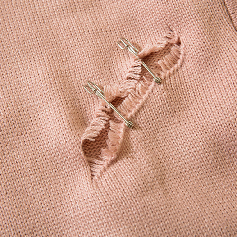 Men Sweater Ripped Pin Sweater round Neck Knitwear Niche