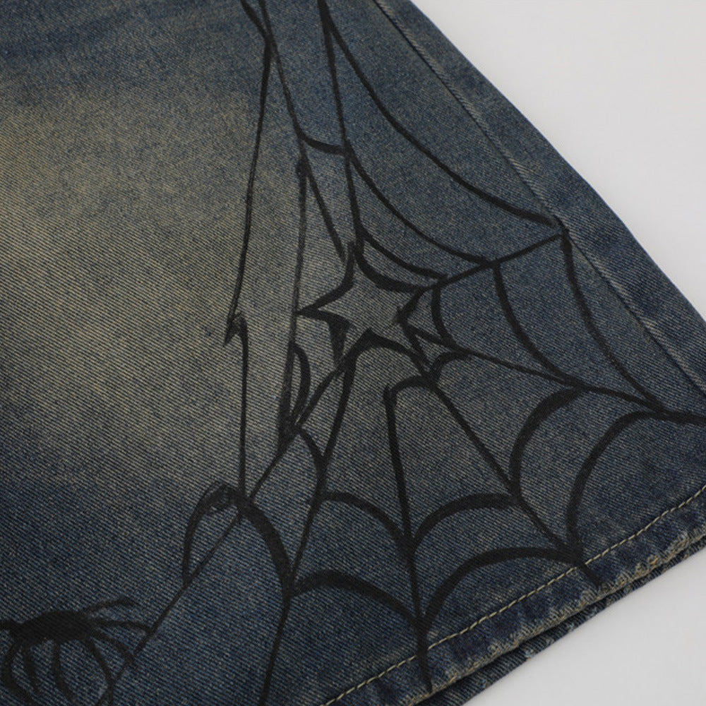 Men Shorts Spider Printed Denim Shorts Loose Casual White
