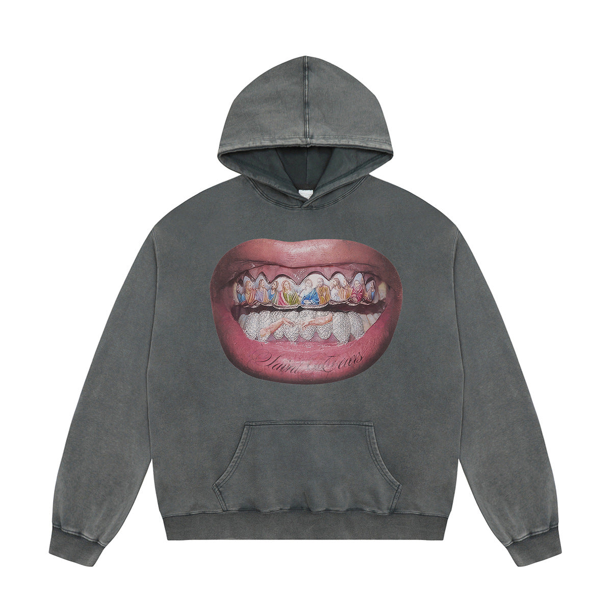 Unisex Hoodies Saint Michael Big Mouth Pattern Made Old Hoodie