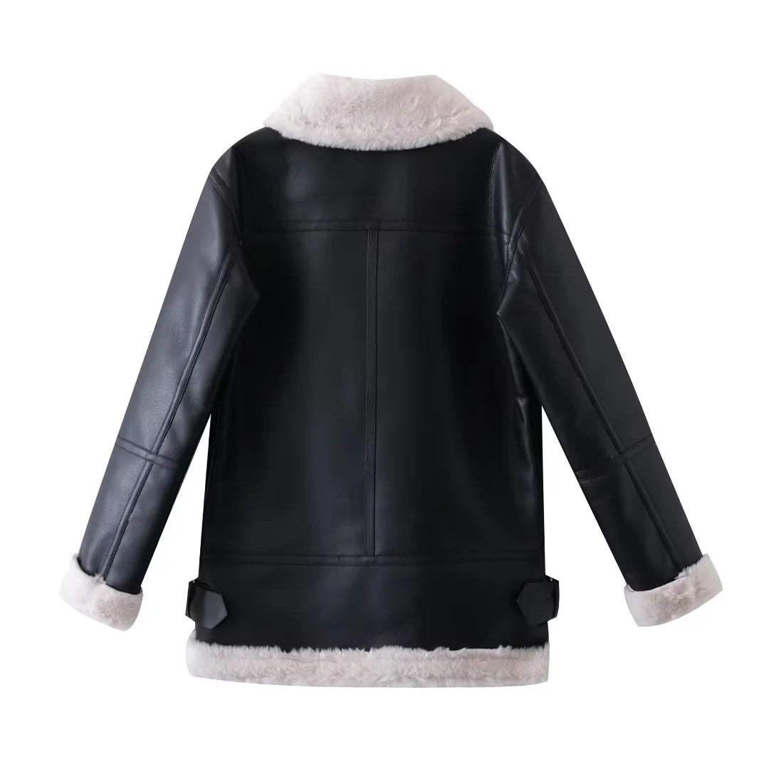 Women Cotton Coat Casual Wide Pine Leather Coat Fleece-lined