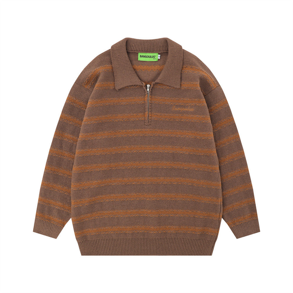 Men Sweater Striped Fur Lapel Clothing Loose Casual