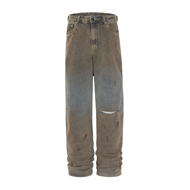 Men Jeans Straight Jeans Cement Color Washed Vintage Distressed Loose-Fitting Wide-Leg Trousers
