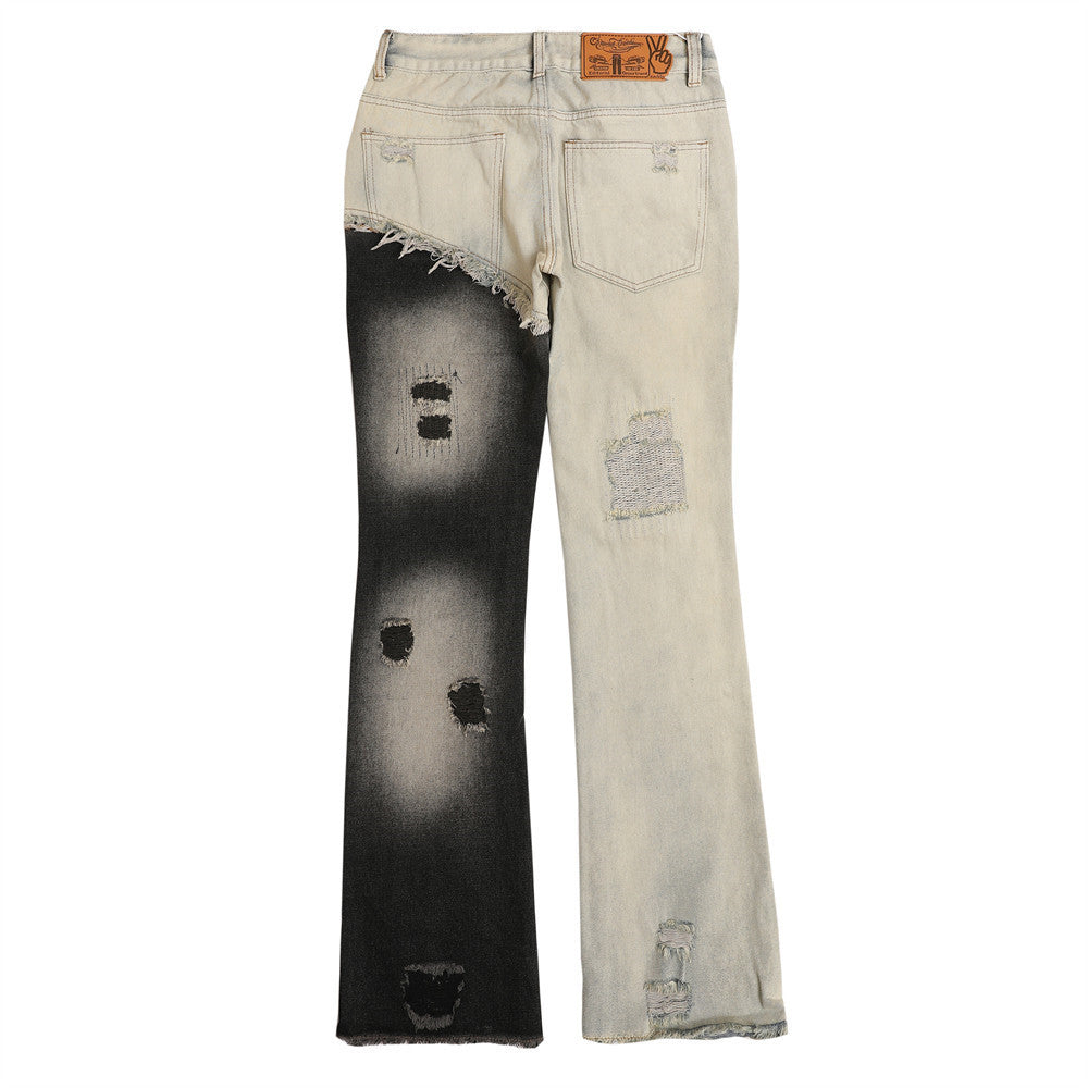 Women Pants Ripped Frayed Color Contrast Patchwork Jeans Trousers