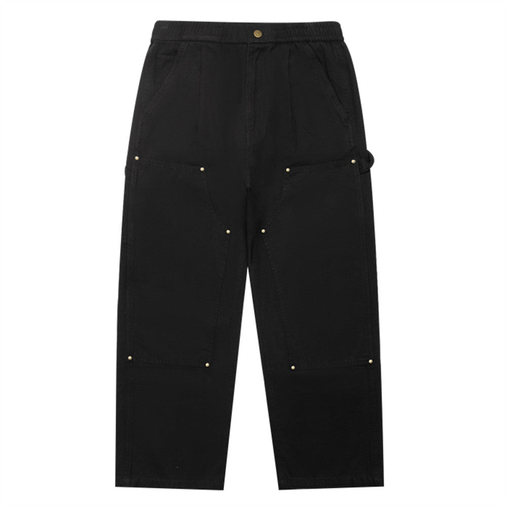 Men Sweatpants Retro Workwear Casual Pants Men Vintage Loose Wide Leg Mop Pants Solid Color Straight-Leg Trousers