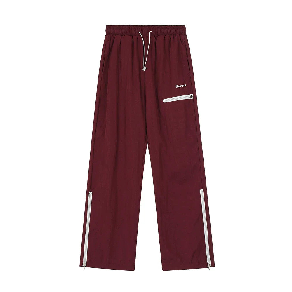 Men Sweatpants Zipper Slit Straight Casual Trousers Breathable Sports Wide-Leg Pants
