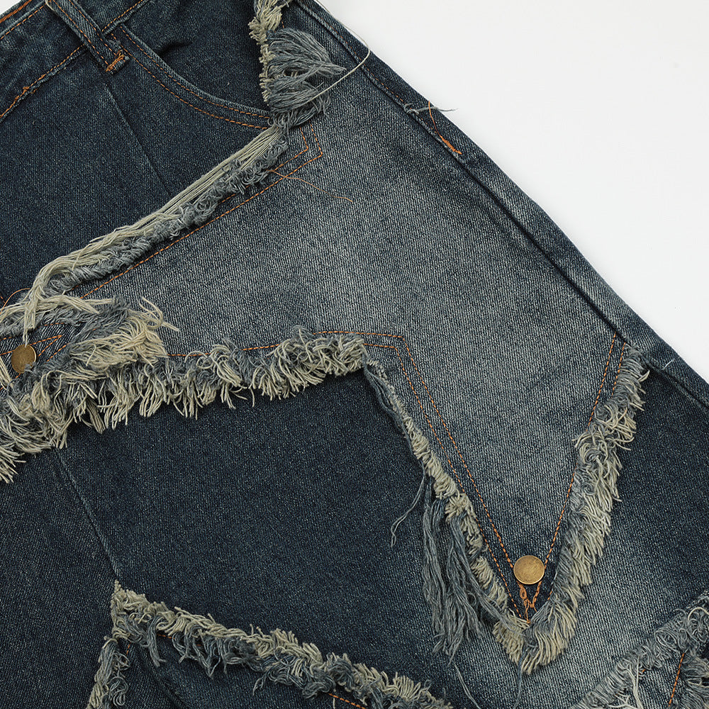 Men Shorts Five-Pointed Star Paste Cloth Embroidery Denim Summer
