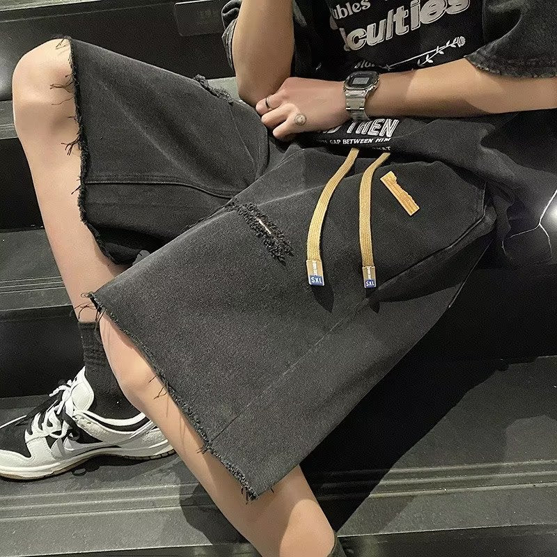 Men Jeans Ripped Denim Shorts Men's Summer Loose Straight Casual Pants