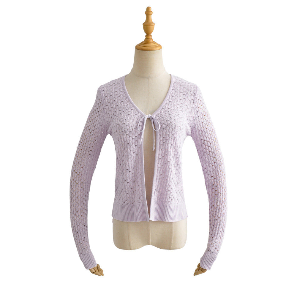 Women Sweater Knitwear Knitted Sun Protection Shirt Summer Slim Fit V-neck Hollow Lace-up Cardigan Jacket