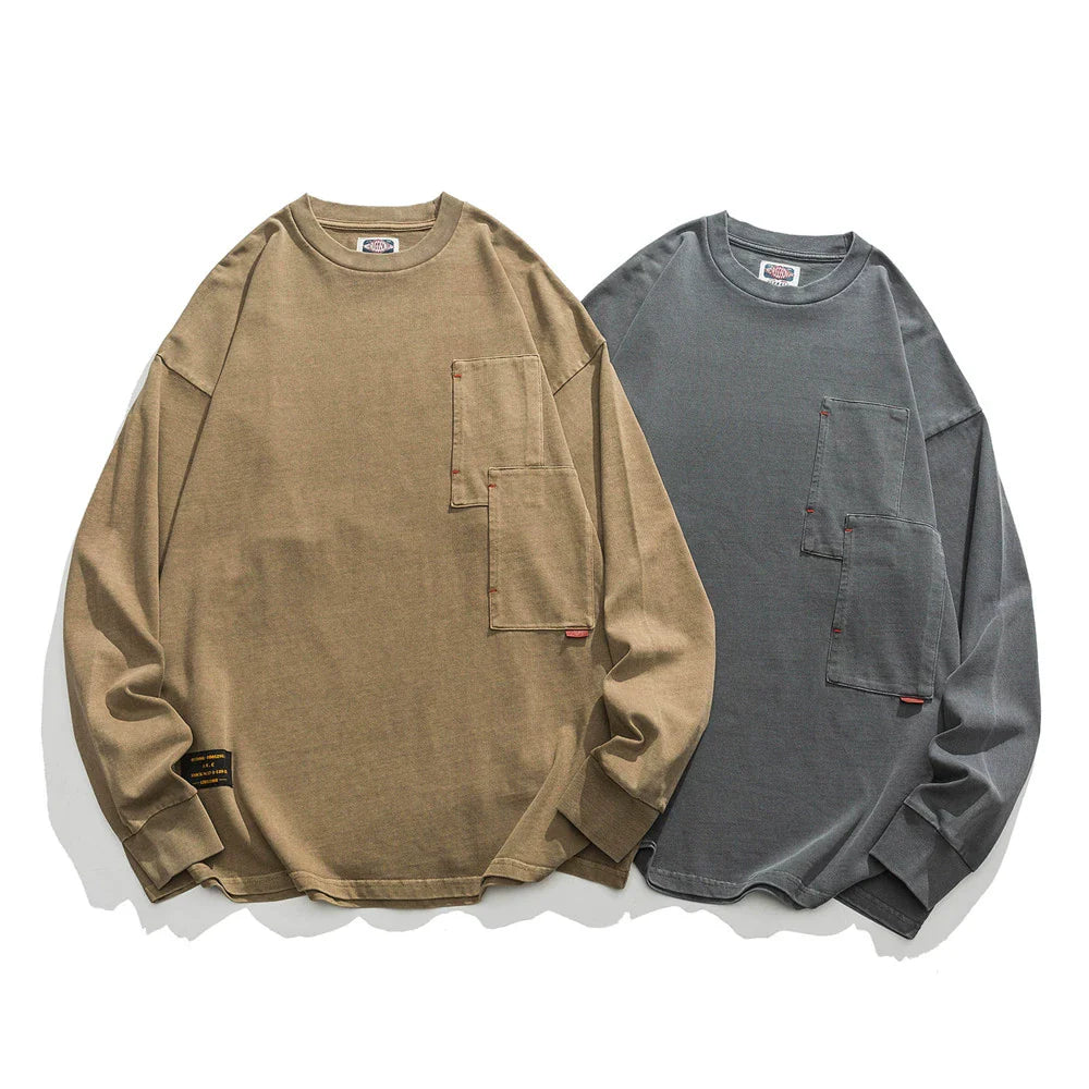 Men Long Sleeve T-Shirt Heavy Distressed Double Bag Decoration