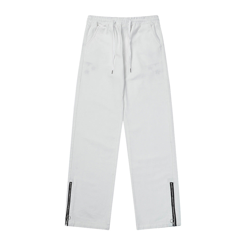 Men Sweatpants Pocket Wings Embroidered Straight Zipper Slit Jeans