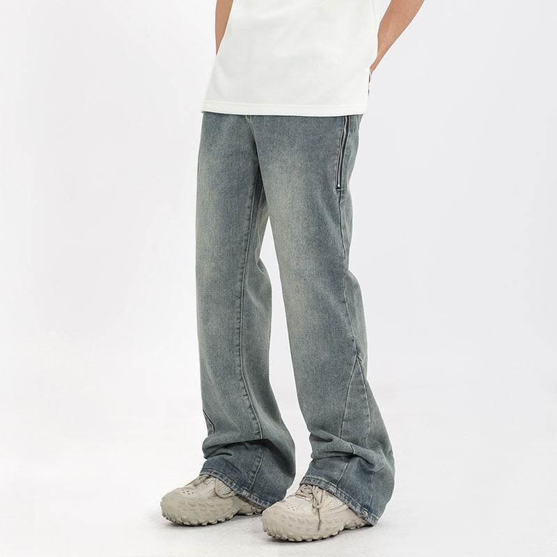 Men Jeans Retro Washed and Worn Ground White Slightly Flared Jeans