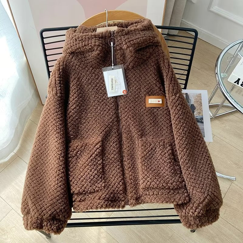 Women Cotton Coat Lamb Fur Coat Rabbit Ear Hat