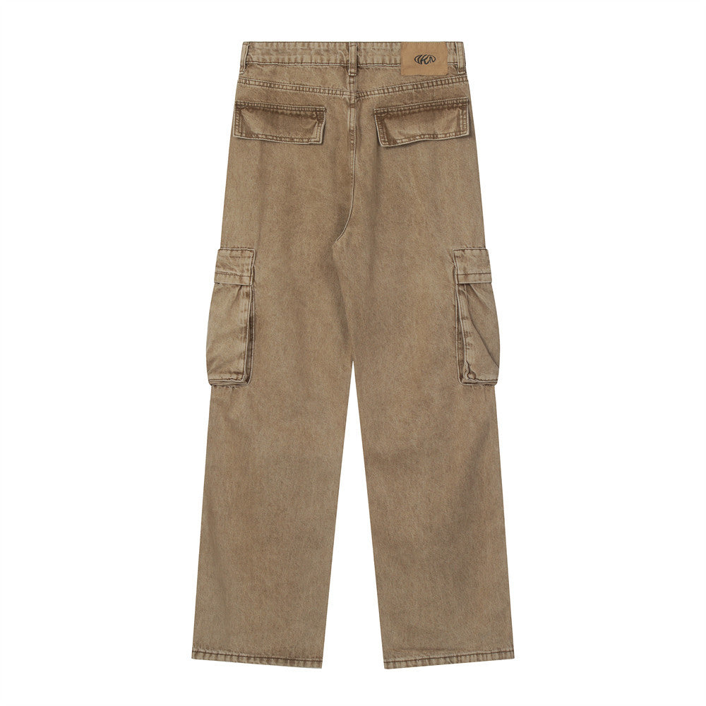 Men Jeans Multi-Pocket Workwear Loose Distressed Stitching