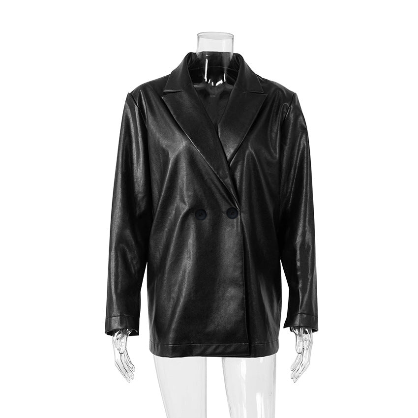 Women Trench Coat Autumn and Winter PU Leather Coat European and American Street Fashion Suit Long Sleeve Jacket