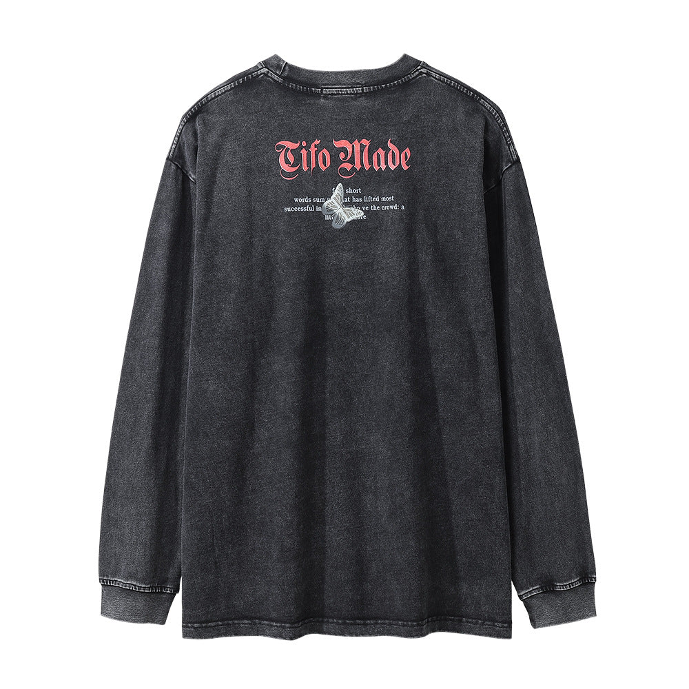 Men Long Sleeve T-Shirt Sunset Butterfly Landscape Pattern Distressed