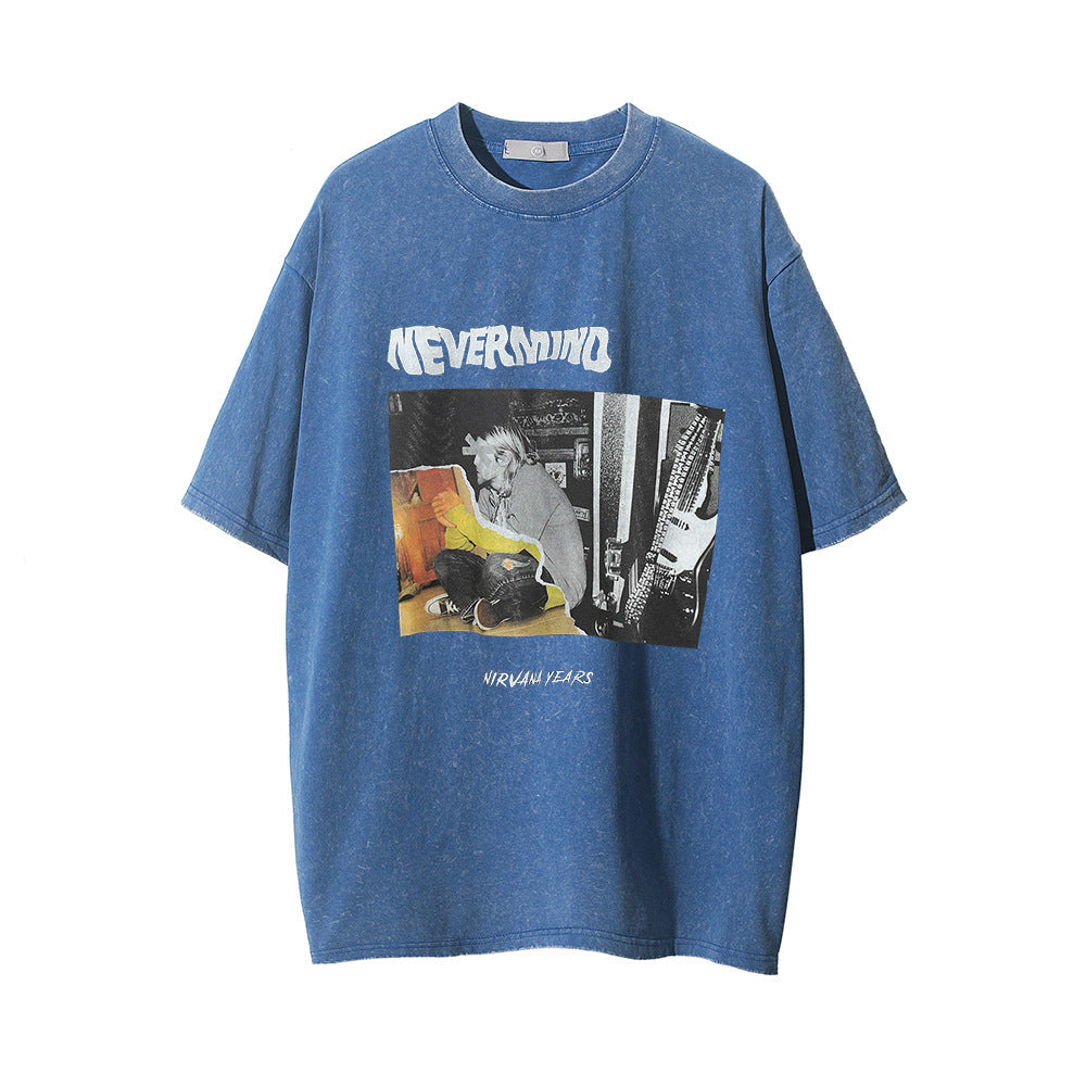 Men Vintage T-Shirt Character Printed Washed Distressed Short-Sleeved T-shirt Men's Loose round Neck Ins Summer