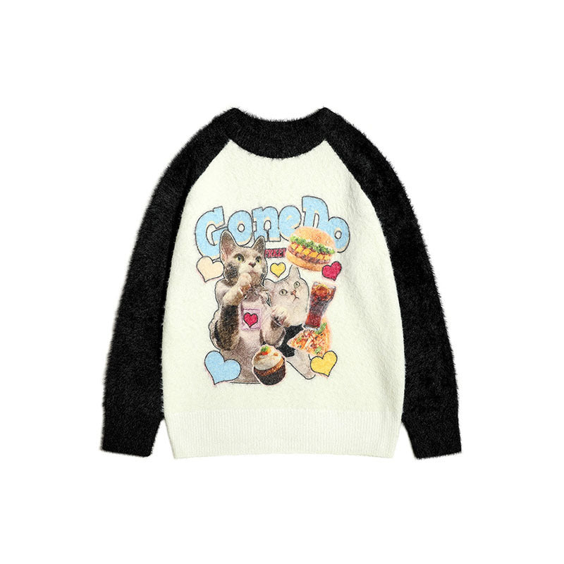 Women Sweater Color Matching Couple Sweater Retro Vibe Loose All-Match