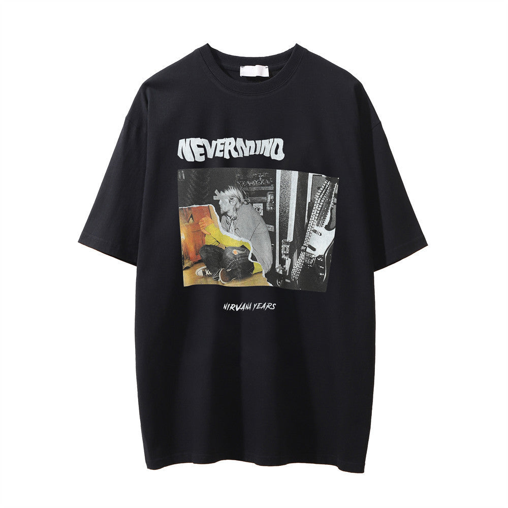 Men Vintage T-Shirt Character Printed Washed Distressed Short-Sleeved T-shirt Men's Loose round Neck Ins Summer