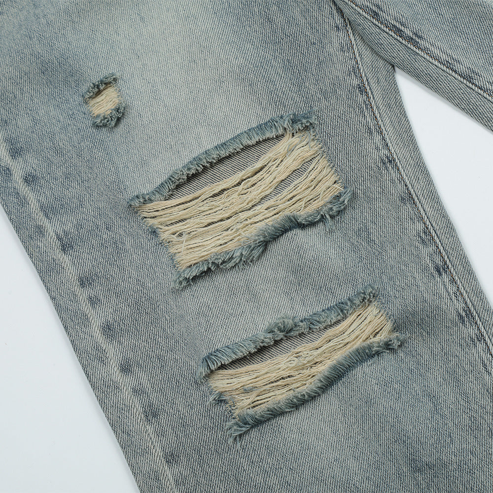 Men Jeans Ripped Distressed Loose Retro Leisure