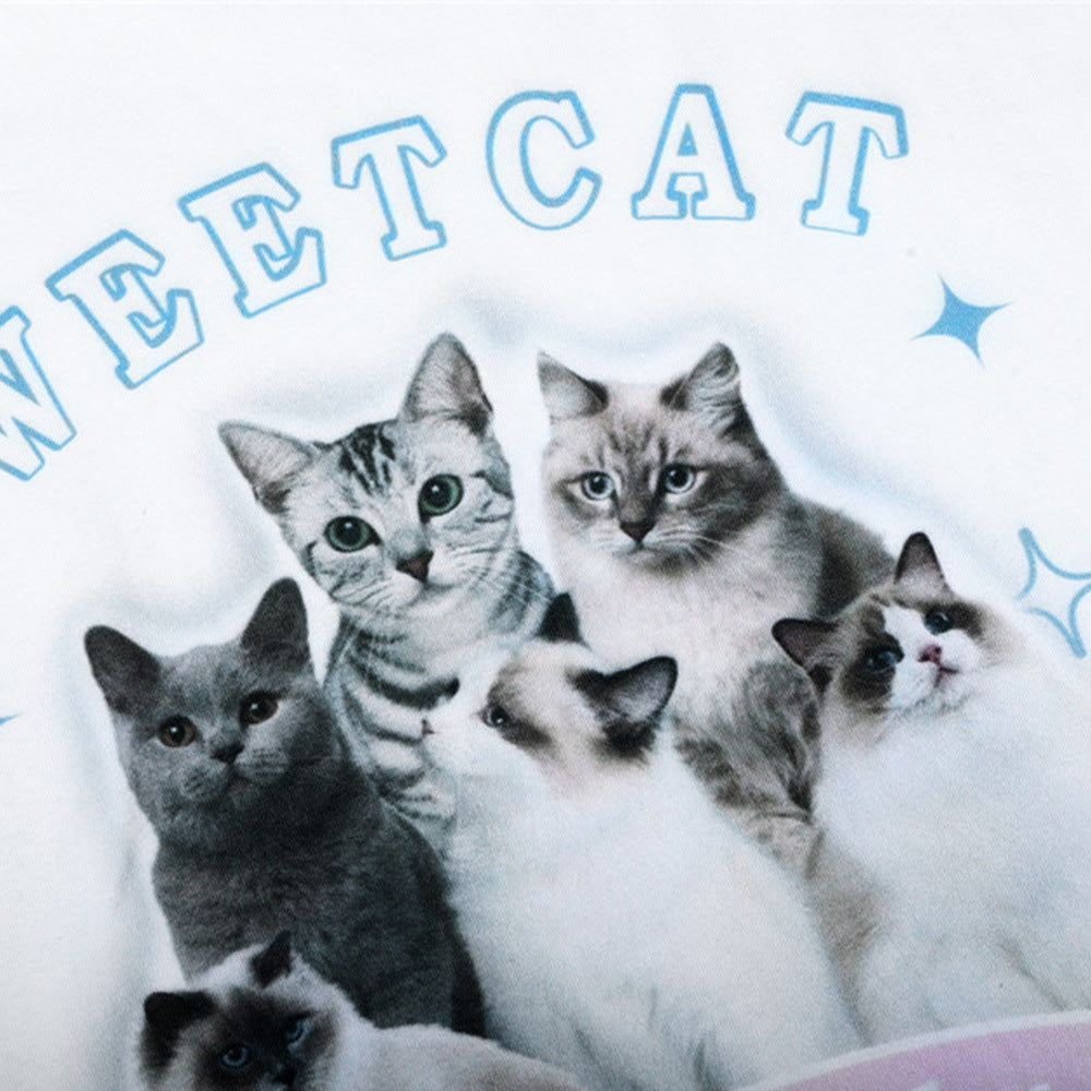 Men Long Sleeve T-Shirt Fun Cat Printing Loose Casual