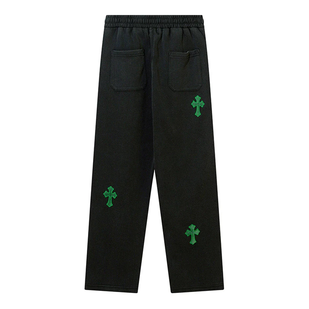 Men Sweatpants Embroidered Cross Casual Trousers Loose Straight Sports Trousers with an Elasticated Waist