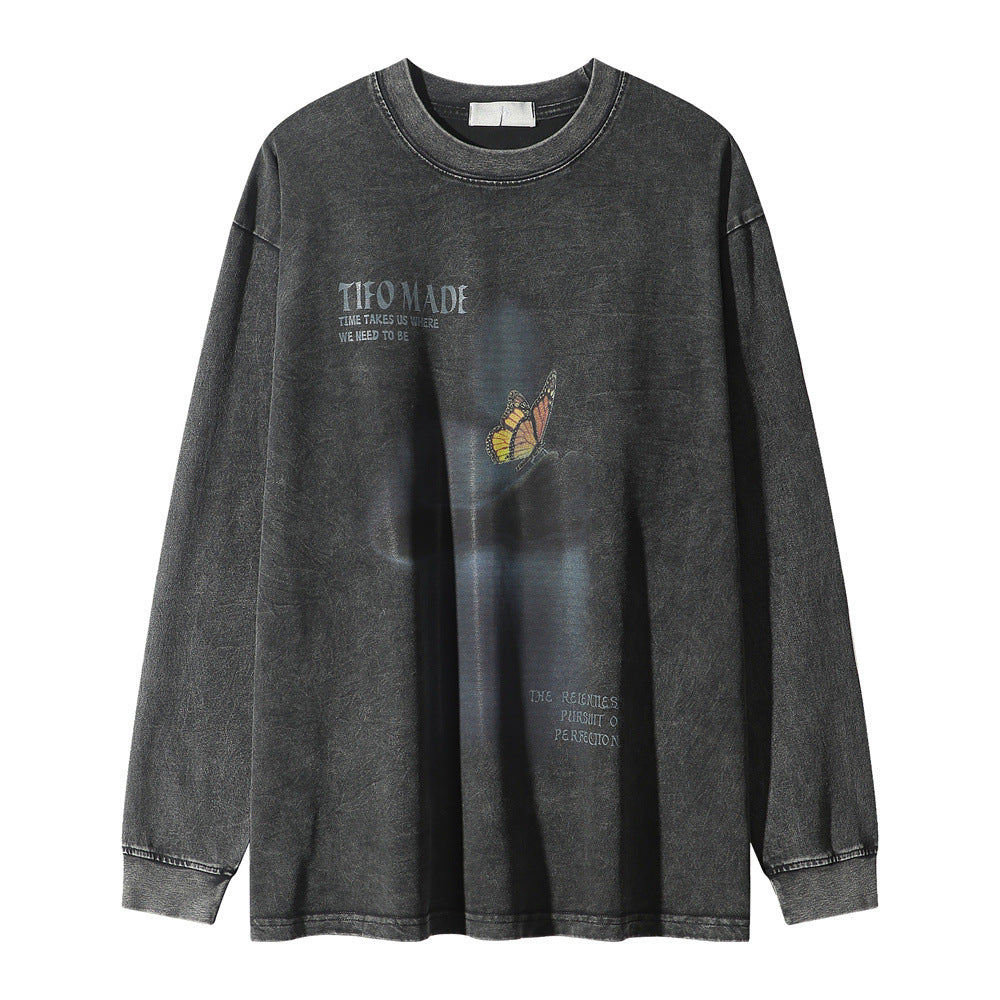Men Long Sleeve T-Shirt Butterfly Distressed Long Sleeve T-shirt Loose