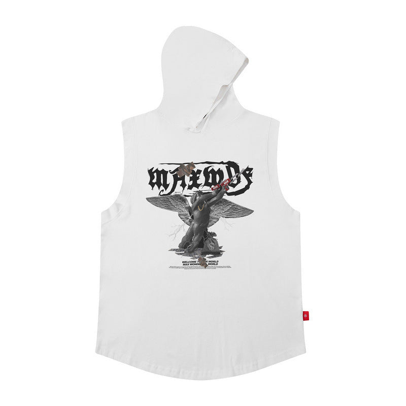 Men Vest Hooded Vest Retro Hip Hop Sleeveless T-shirt Men