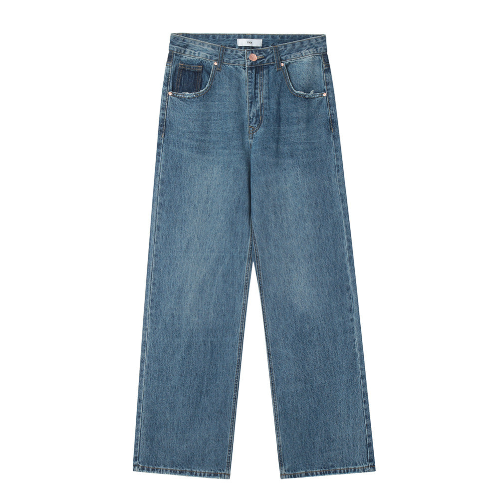 Men Jeans Solid Color Personalized Loose Raw Hem