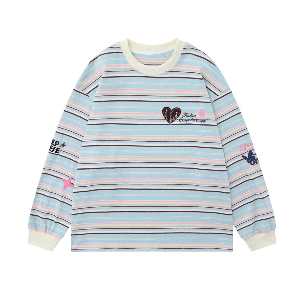 Men Long Sleeve T-Shirt Striped Embroidery