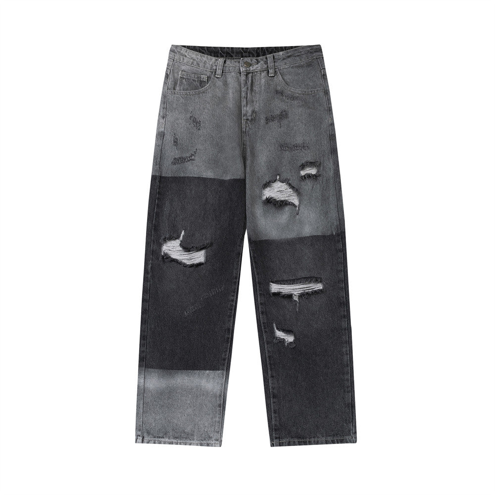 Men Jeans Spray Paint Hole Irregular Wide Leg