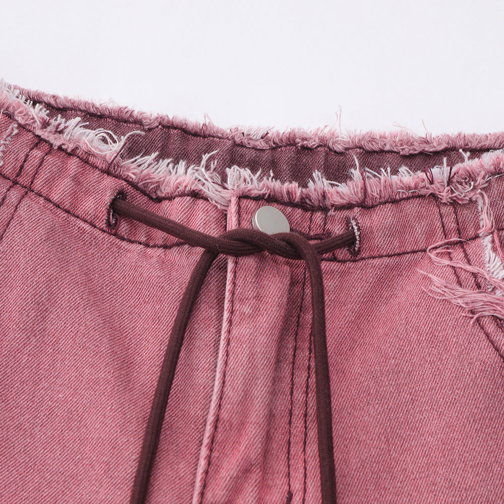 Men Shorts Tie-Dye Gradient Denim Loose Raw Hem
